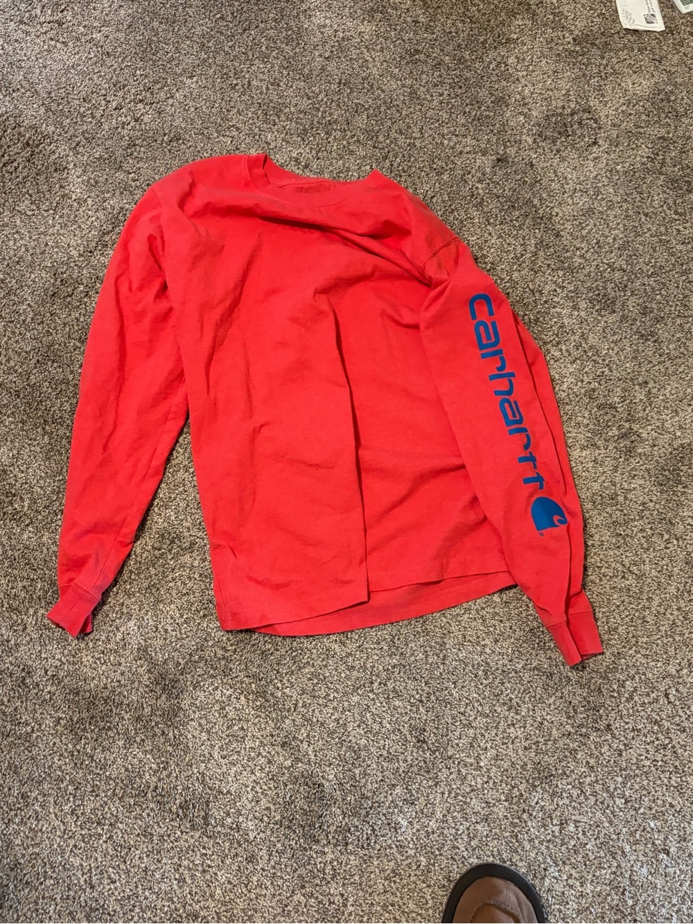 Carhartt Kids Red Long-Sleeve Tee with Blue Sleeve Logo
